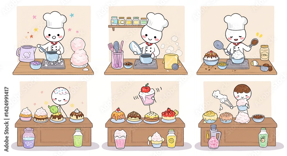 Kawaii Rabbit Chef Cartoon Cooking Dessert Scenes with Sprinkles and ...