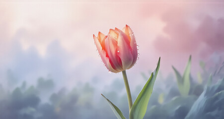 Fototapete - A vibrant, single tulip stands tall against a dreamy, misty backdrop of soft hues. Water droplets cling to its petals, catching the sunlight in a tranquil nature scene.
