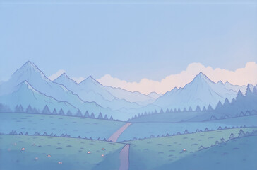 Poster - Serene landscape painting.  A pastel colored avatar-like scene depicts a winding road through a valley, flanked by mountains under a pale blue sky.  The style is simple, yet captivating.