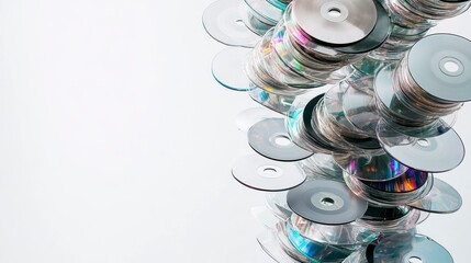 Fototapete - Stack of CDs and DVDs falling against a white background.