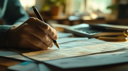 Aufkleber - Close-up of a person's hand meticulously filling out paperwork at a desk.