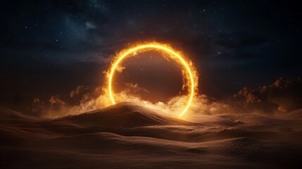 Wall Mural - Mystical desert landscape under a glowing solar eclipse