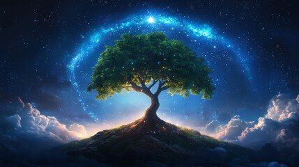 Wall Mural - Majestic tree under a starry cosmic sky