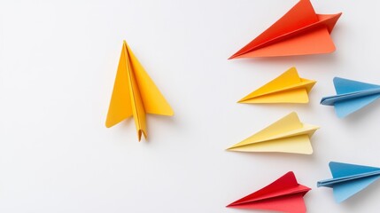 Poster - Colorful paper airplanes on white background; one yellow plane leads the others.