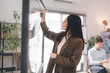 © dodotone - Business asian woman using glass board note ideas paper at indoors office