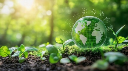 Poster - Green globe with seedlings in sunlight.