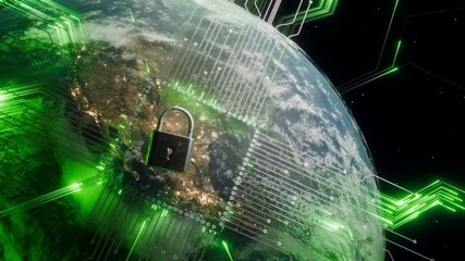 Wall Mural - digital padlock over north and central america on planet earth surrounded by cyber network lines and