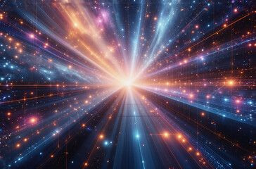 Fototapete - An abstract illustration bursting forth, radiating light and color from a central source. A futuristic scene with energetic lines and points of illumination, suggesting vastness.