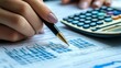 © thenort - Close-up of a woman's hand analyzing financial charts with a pen and calculator.