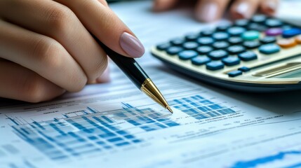 Poster - Close-up of a woman's hand analyzing financial charts with a pen and calculator.