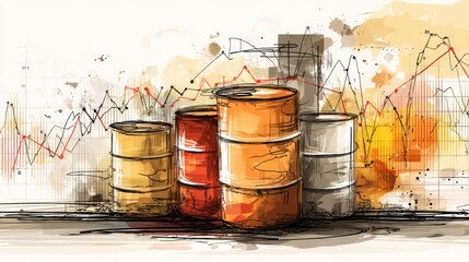 Poster - Abstract Style Featuring Barrels and Oil Graphs Representing Economic Trends in the Energy Market