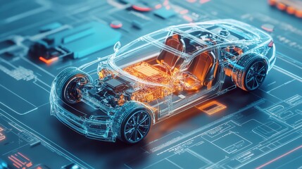 Aufkleber - Transparent electric car cutaway showcasing internal components on a technological blueprint.