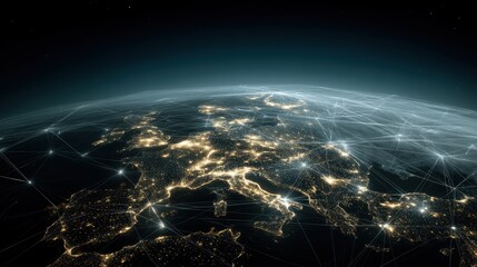 Poster - Abstract globe depicting Europe at night showing a data network illuminating cities and vast sky