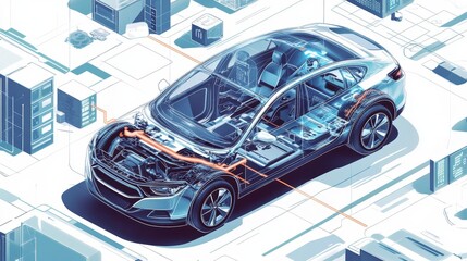Aufkleber - Isometric illustration of a car's internal components and digital connections.