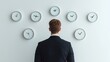 © Stock Media Labs - A businessman in a suit standing in an office environment surrounded by multiple clocks appears to be analyzing and adjusting his glasses as he focuses on managing his time and schedule effectively
