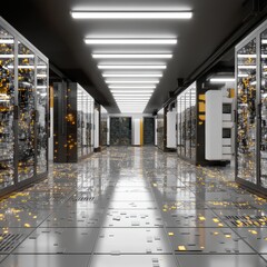 Leinwandbilder - Data center with server racks futuristic technology modern illumination tunnel perspective metallic floor