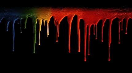 Fototapete - Vivid colorful artistic paint drippings against a sleek black backdrop create a striking visual texture