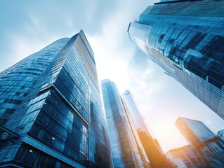 Poster - Upward Perspective of Azure Skyscrapers Against Light Blue Sky Sunlight Reflection Optimistic Mood
