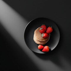 Aufkleber - Delicious stack of pancakes topped with fresh ripe red strawberries on a modern black plate in studio light