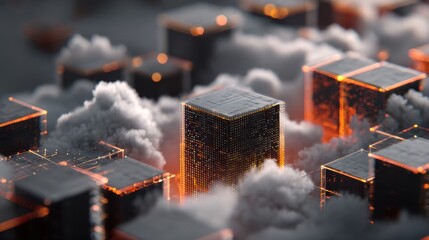 Aufkleber - Futuristic Digital Metropolis of Glowing Data Cubes Amidst Cloudy Landscape with High Tech Ambience