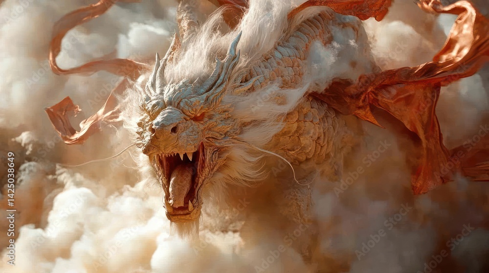 Generic digital artwork featuring a mythical creature with intricate details against a cloudy backdrop. The creature has golden features flowing ribbons and a fierce expression. 