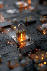 Fototapete - Digital security padlock resting on electronic circuit board with warm light glowing from keyhole