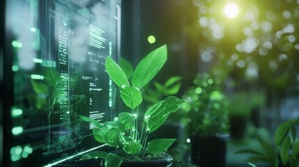 Aufkleber - Green plant in pot near futuristic screen displaying data.