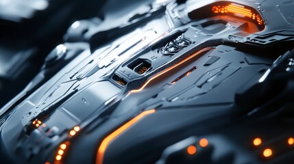 Poster - Close-up of a futuristic, metallic, technological surface with glowing orange details.