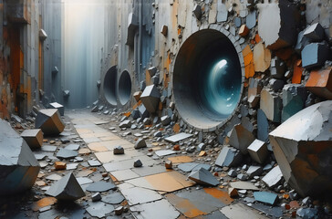Poster - A desolate passage, constructed with large cylindrical elements and fragmented blocks, stretches into an obscured light source. The textures are rough, showcasing varying shades of gray and orange.