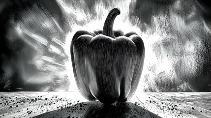 Wall Mural - dramatic black and white photo of a bell pepper on a textured surface with a bright, stormy backgrou