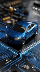 Fototapete - Blue car model on electronic circuit board depicting innovative electric automotive industry concept