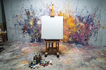 Aufkleber - Artist's studio with canvas on easel amidst a vibrant explosion of colorful paint splashes artful chaos