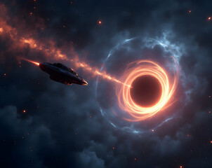 a futuristic spaceship navigates the cosmos near a glowing distortion, illustrating a science fictio