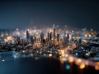 Aufkleber - Elegant futuristic city network connections glowing lines urban landscape abstract metaverse backdrop