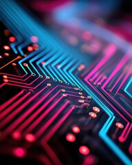 Fototapete - Futuristic cyberpunk circuit board with glowing neon pink and blue traces modern technology concept