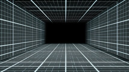 Poster - Geometric Perspective on Dark Gray Background with Neon Grid Illumination Cyberpunk Sci Fi Aesthetics
