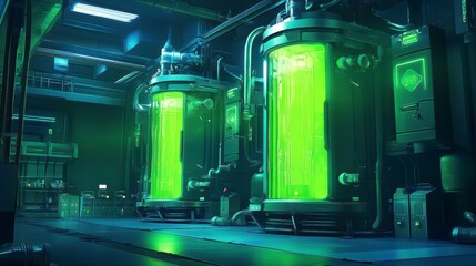 Leinwandbilder - Futuristic bio lab with glowing green liquid in large glass containers.