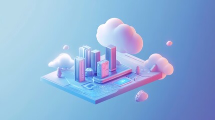 Leinwandbilder - Isometric city skyline on a digital circuit board with clouds, representing cloud computing and data storage.