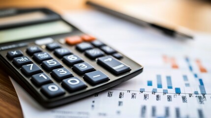 Aufkleber - Close-up of calculator on financial report with bar graph; business concept.