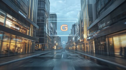 Aufkleber - Futuristic city street at night with glowing letter G overlay.