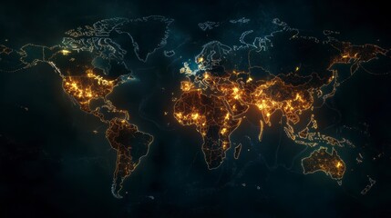 Poster - Glowing world map at night, showing illuminated cities and continents.
