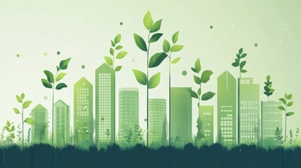 Poster - Green city skyline with plants, illustrating sustainable urban development and environmental consciousness.