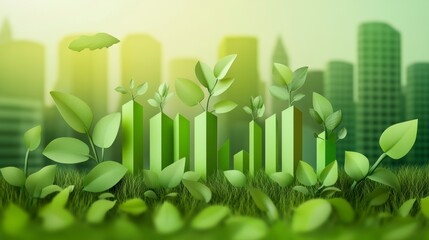 Fototapete - Green shoots growing from bar graph in cityscape.