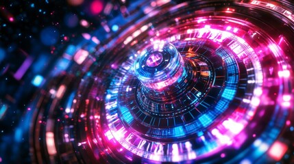 Poster - Abstract vibrant glowing circular technology design with central sphere.