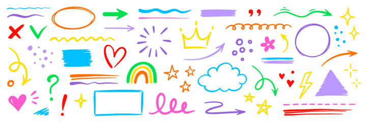 Poster - Line hand drawn brush marker underline, highlight, star element color kid set. Hand drawn sketch marker underline shape, arrow, star scribble brush pen stroke highlight element. Vector illustration