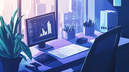 Poster - Modern office desk with computer displaying graphs, city view, plant, and stationery.