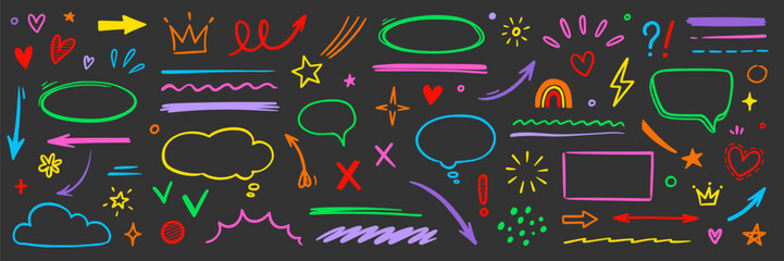 Aufkleber - Line hand drawn brush marker arrow, heart shape element kid color set. Hand drawn sketch marker underline shape, arrow, star marker brush pen stroke icon heart element. Vector illustration