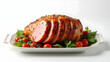 © Gustav - Delicious glazed ham, carefully sliced and garnished with vibrant cherry tomatoes and fresh herbs on an ovensafe dish, presented on a bright clean white background
