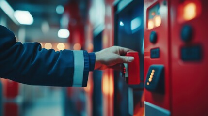 Aufkleber - Close-up of a hand using a red industrial control panel.