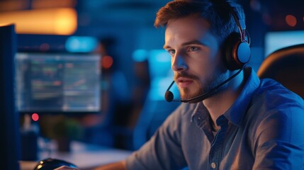 Poster - Focused young man in headset works late at computer.